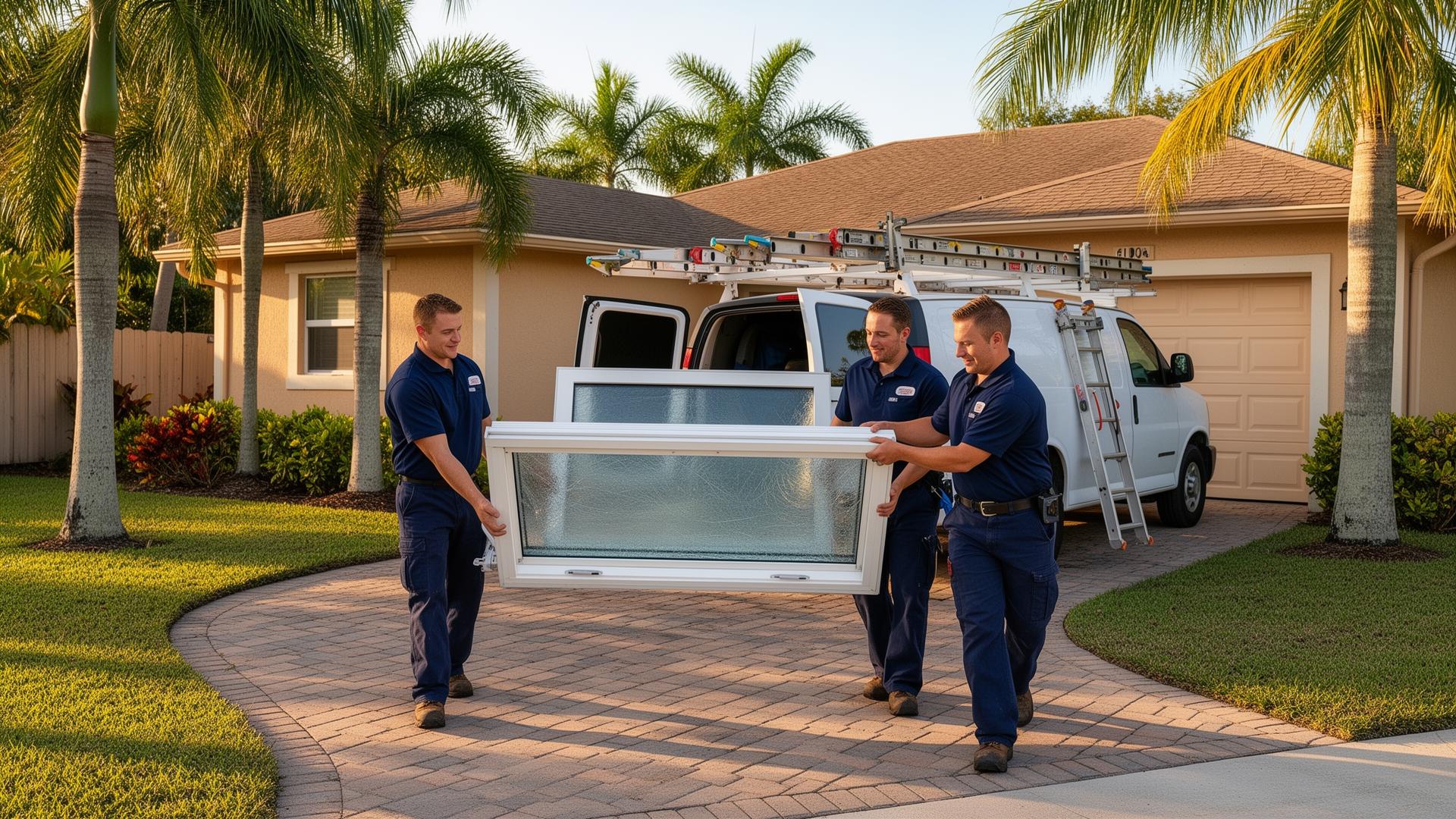 Modern Window Solutions install crew unloading a hurricane impact window in South Florida