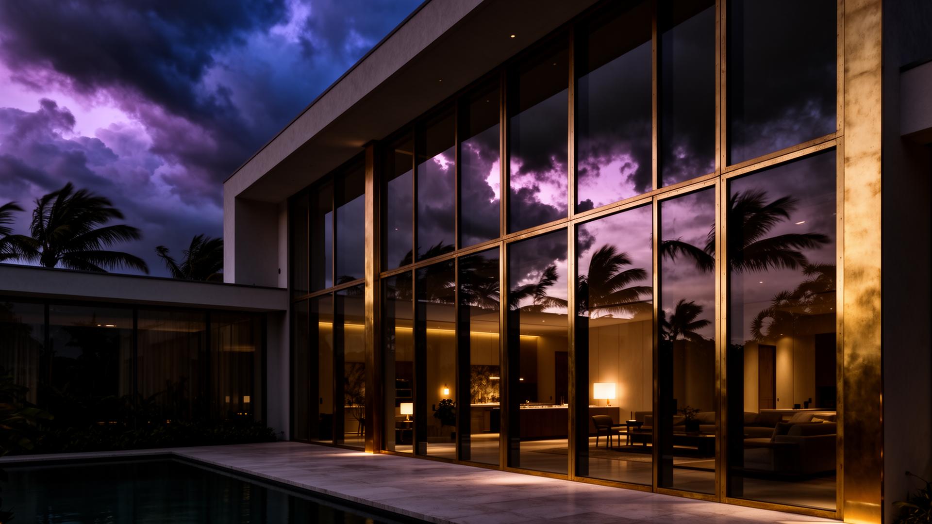 Modern South Florida home protected by impact windows at dusk
